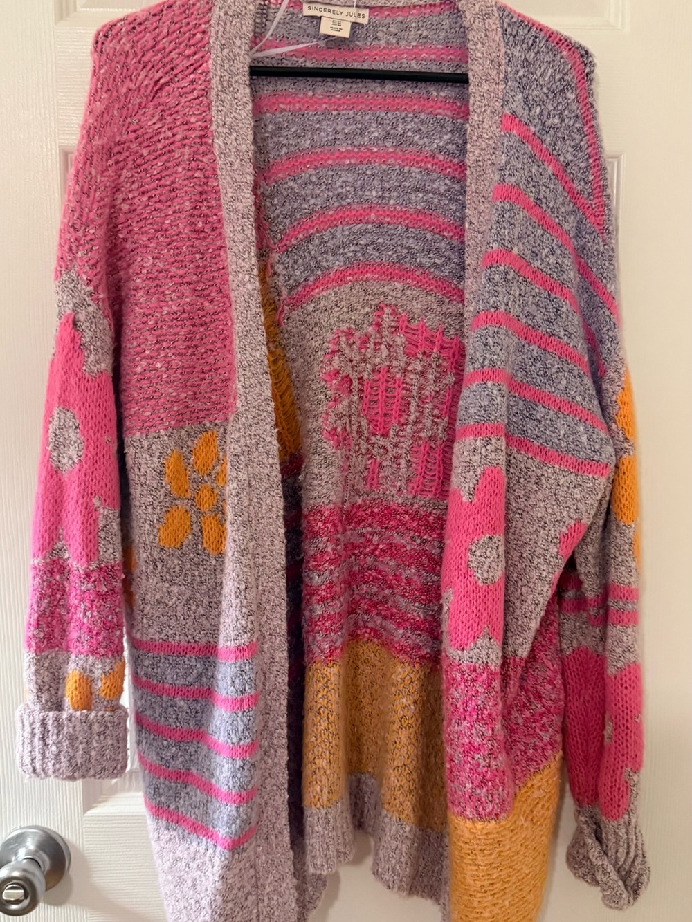 Sincerly Jules Pink, Gray & Mustard Open-Front Patterned Cardigan